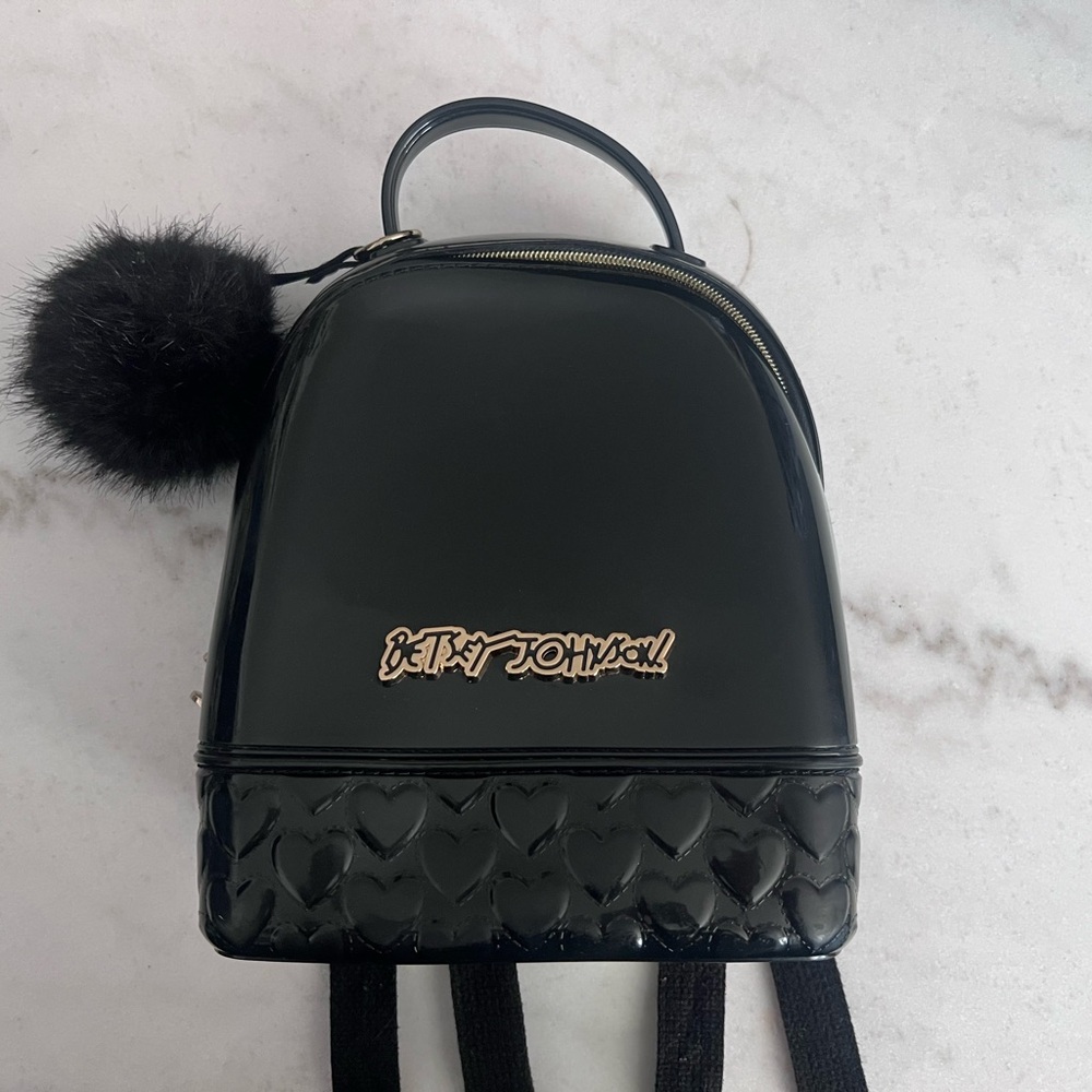 Betsey Johnson Black jelly backpack with Pom Pom